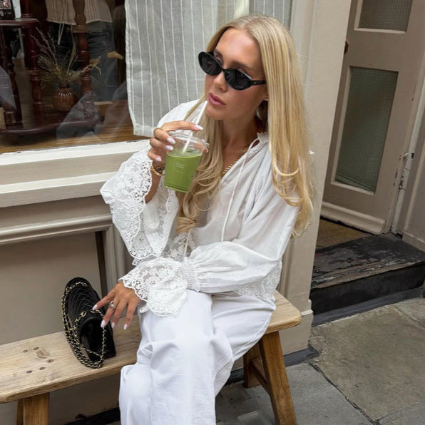 Women's Transparent Lace Blouse Top with Bell Sleeves and Crochet Trim Mune Fashion