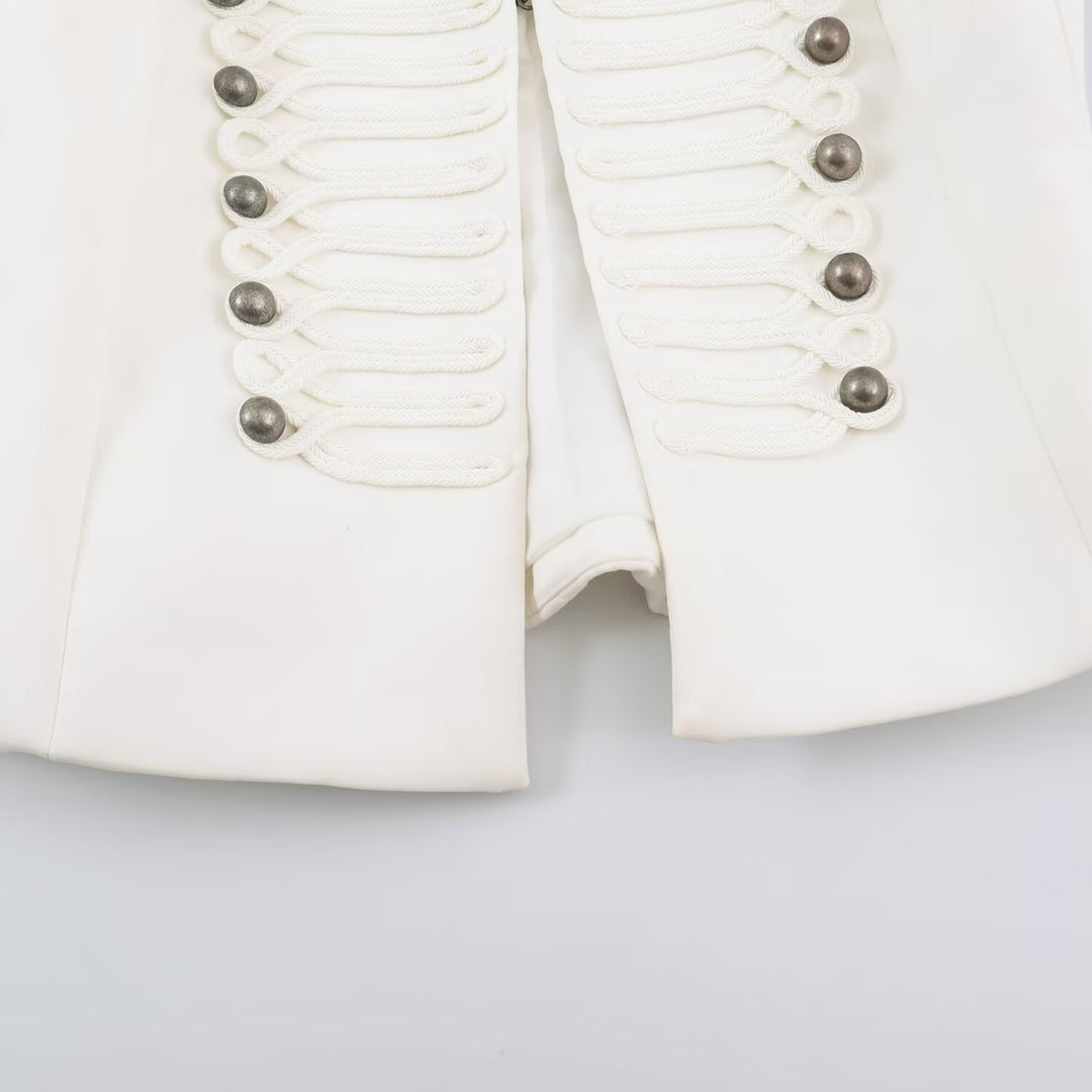 Women Short Cut Military Blazer with Stand Collar, Decorative Cords and Structured Silhouette Mune Fashion