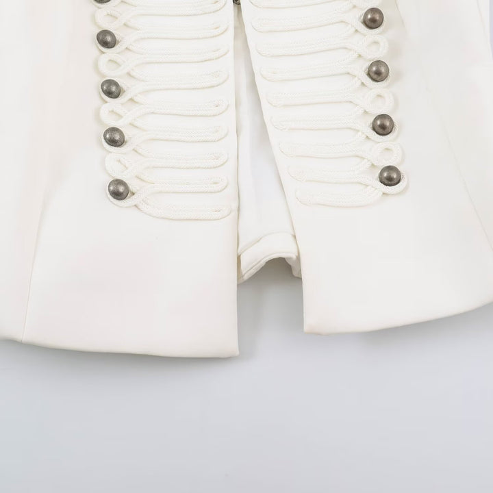 Women Short Cut Military Blazer with Stand Collar, Decorative Cords and Structured Silhouette Mune Fashion