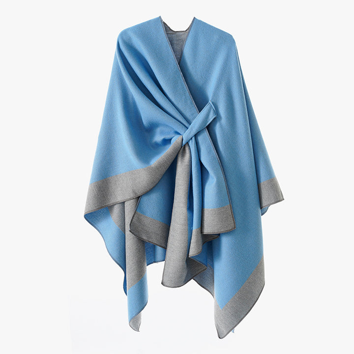 Women Soft Knit Poncho with Belt and Contrast Edge Mune Fashion
