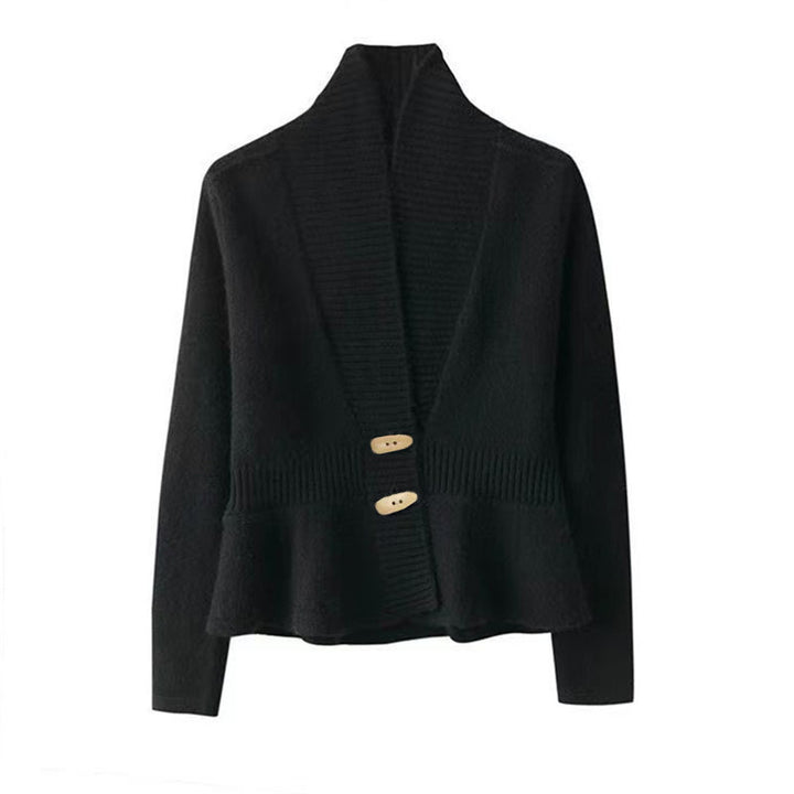 Women's plush knit cardigan with shawl collar, ribbed trim, and narrow flounce Mune Fashion