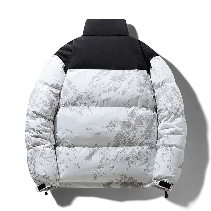 Men's Padded Quilted Jacket with Camouflage Print, High Stand-Up Collar & Adjustable Hem Mune Fashion