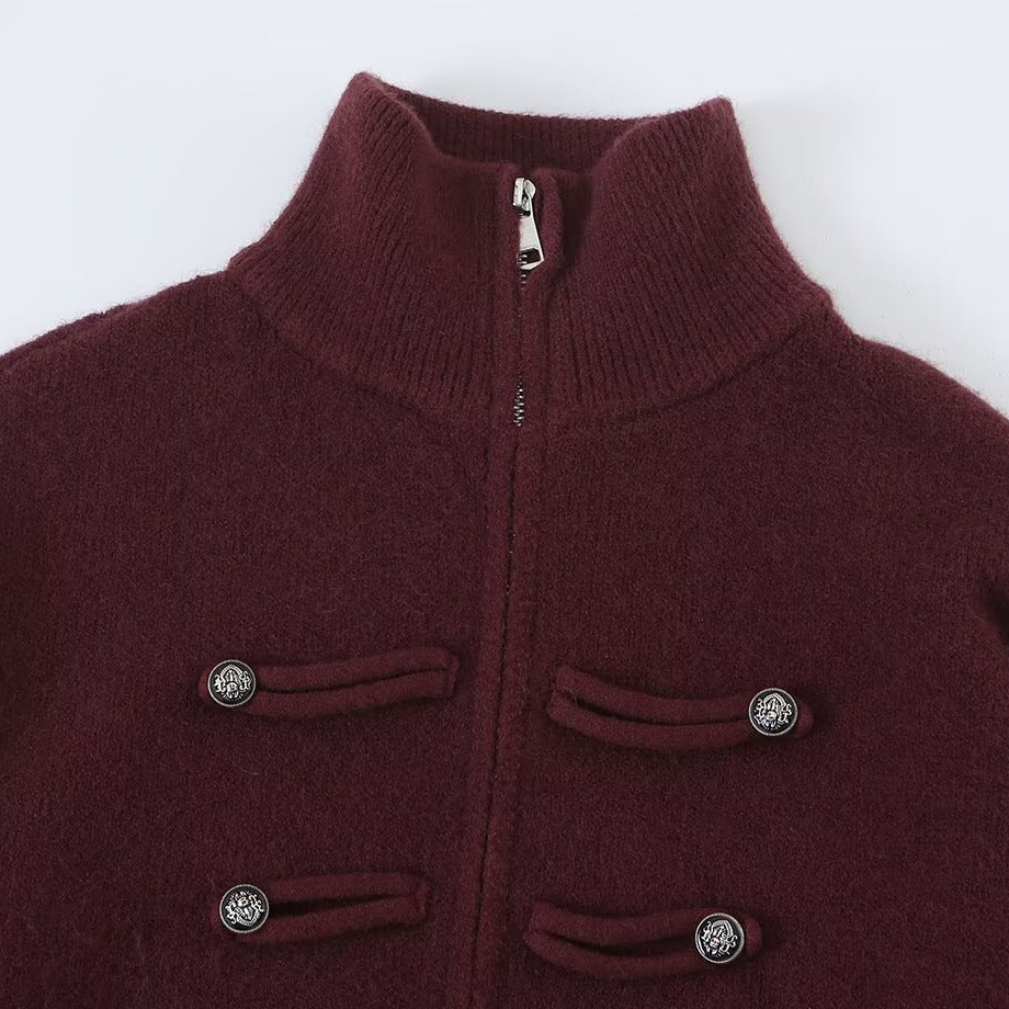 Ladies cardigan with stand-up collar, zipper and decorative knot trims Mune Fashion