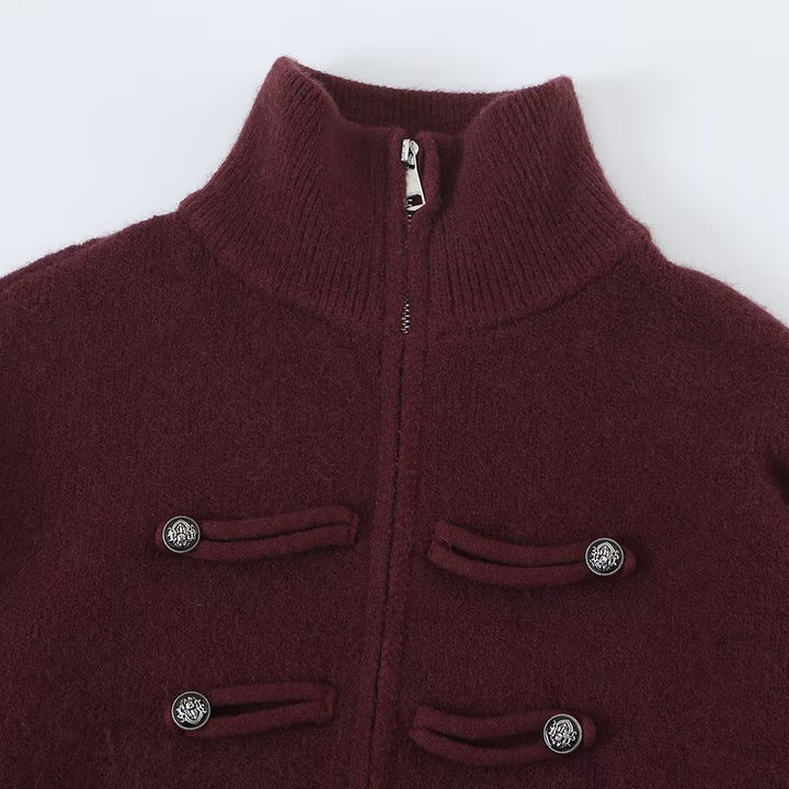 Ladies cardigan with stand-up collar, zipper and decorative knot trims Mune Fashion