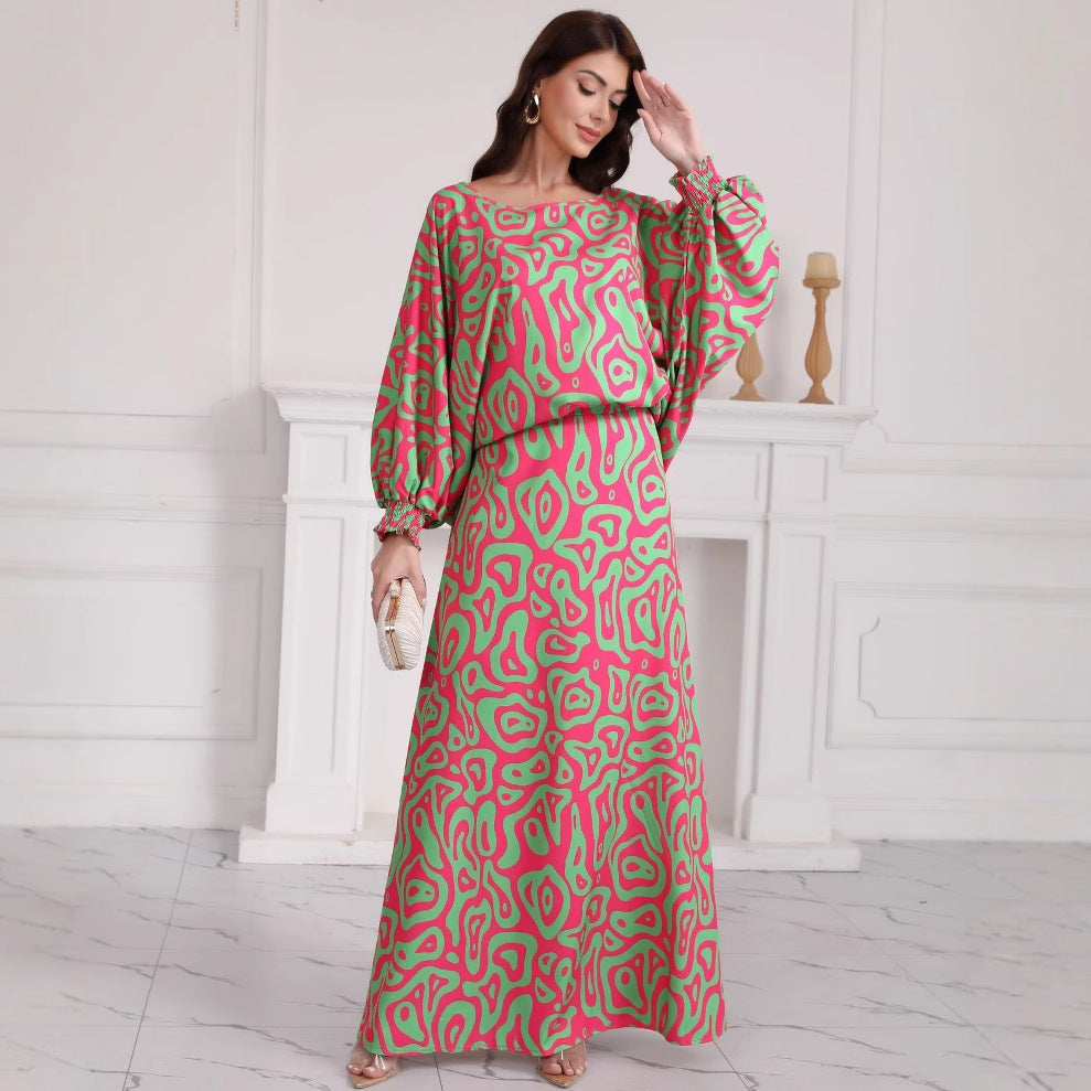 Women's Two-Piece Maxi Skirt Set with Wide A-Line Skirt & Balloon-Sleeved Oversized Top Mune Fashion