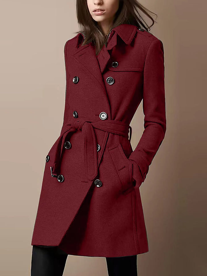 Women's Double-Breasted Wool Blend Trench Coat with Waist Belt Mune Fashion