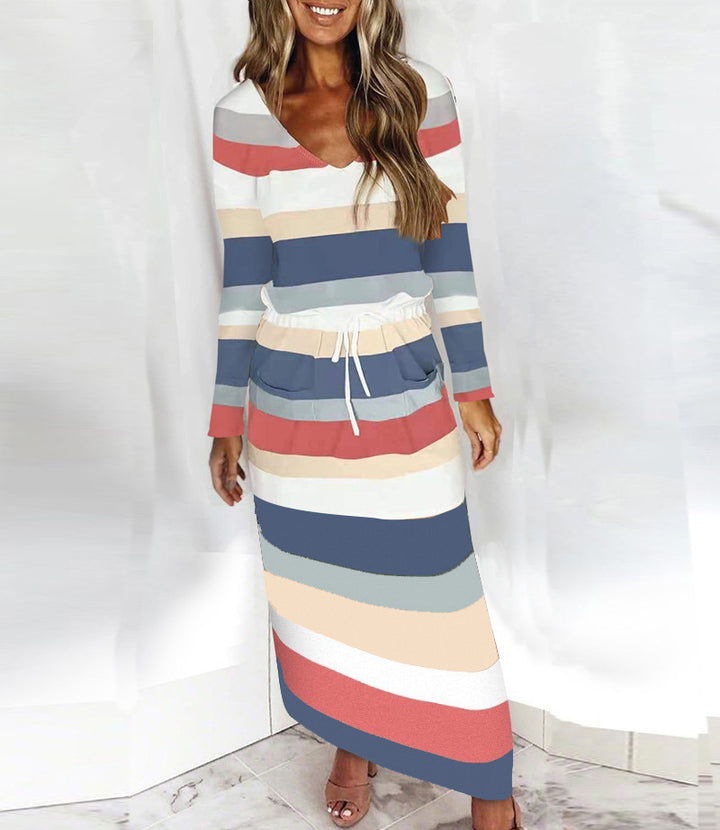 Women's Casual-Elegant Maxi Knit Dress with V-Neck, Drawstring and Side Pockets Mune Fashion
