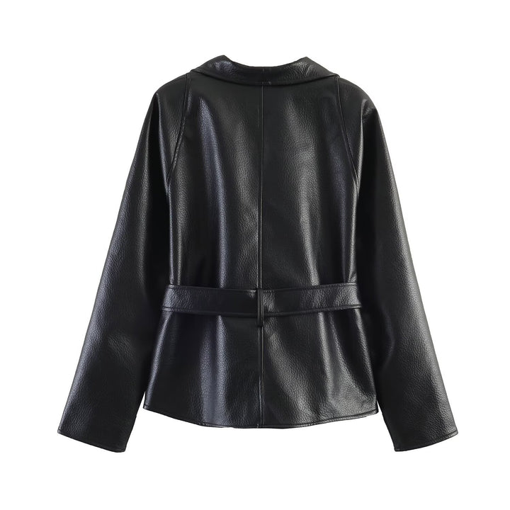 Women's Leather Look Wrap Jacket with Tie Belt Mune Fashion