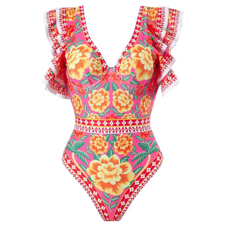 Ladies swimsuit set with voluminous ruffle design and floral wrap skirt Mune Fashion