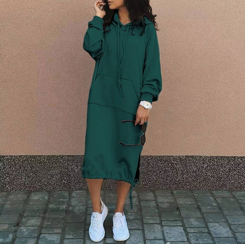 Women's Oversize Hoodie-Midi Dress with Drawstring Hem and Side Slit Details Mune Fashion