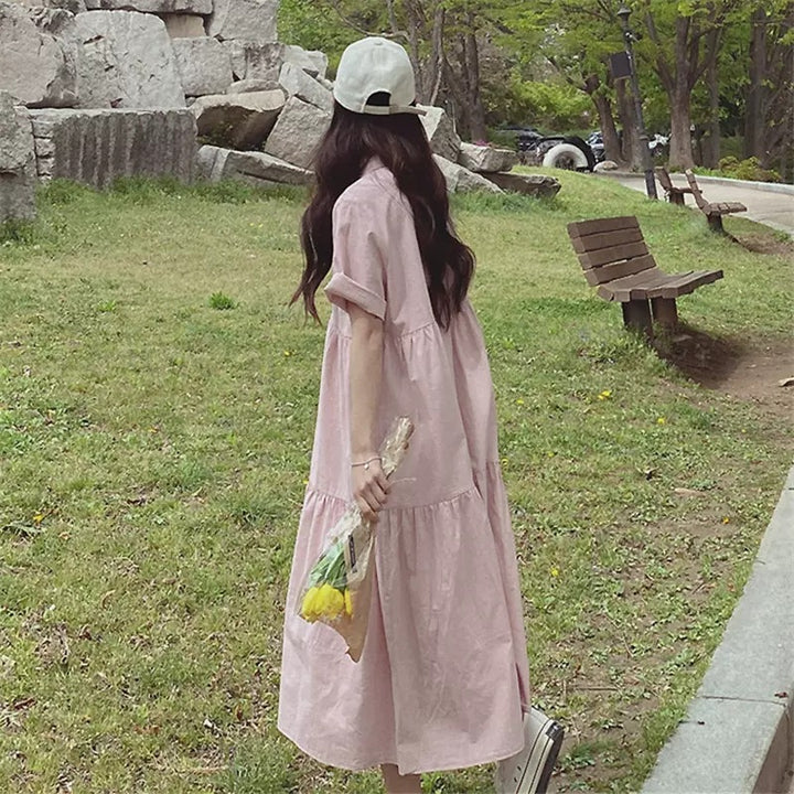 Women's Long Tiered Baby Doll Dress with Shirt Collar and Short Sleeves Mune Fashion