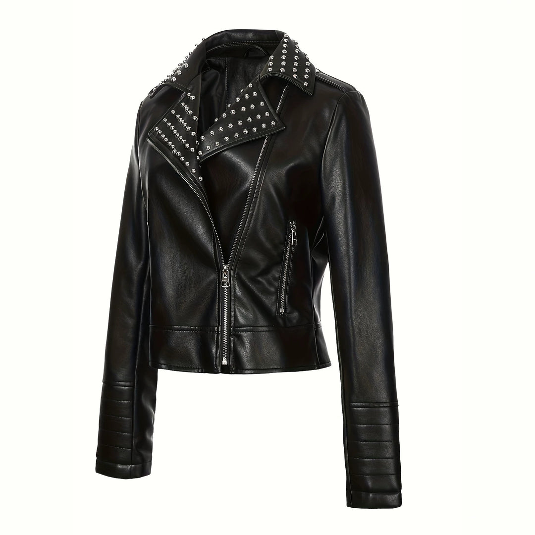 Women's Asymmetrical Biker Jacket made of Faux Leather with Studded Lapel and Quilted Arm Zone Mune Fashion