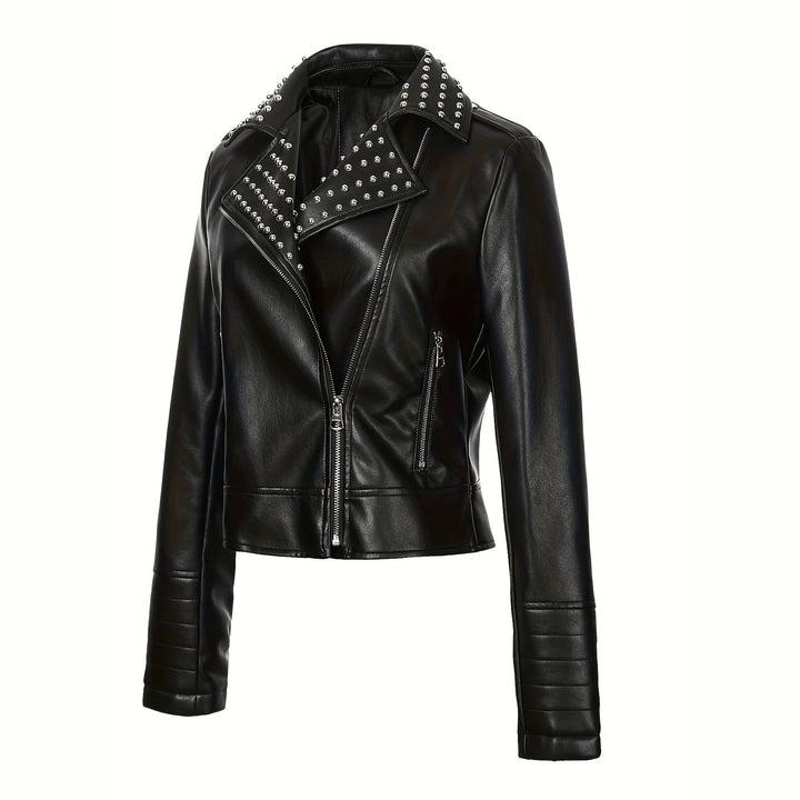Women's Asymmetrical Biker Jacket made of Faux Leather with Studded Lapel and Quilted Arm Zone Mune Fashion