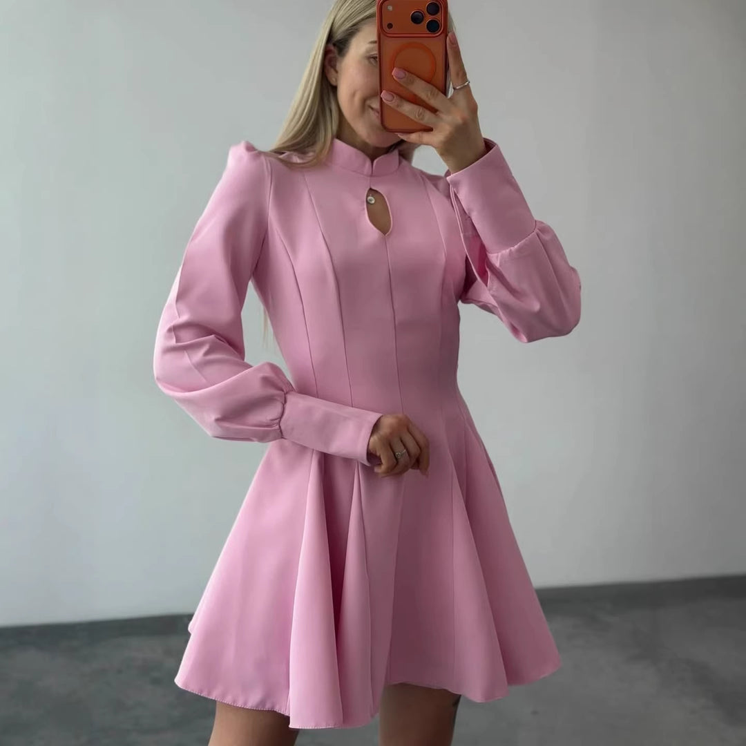 Women A-Line Mini Dress with Stand Collar, Slit Detail and Balloon Sleeves Mune Fashion