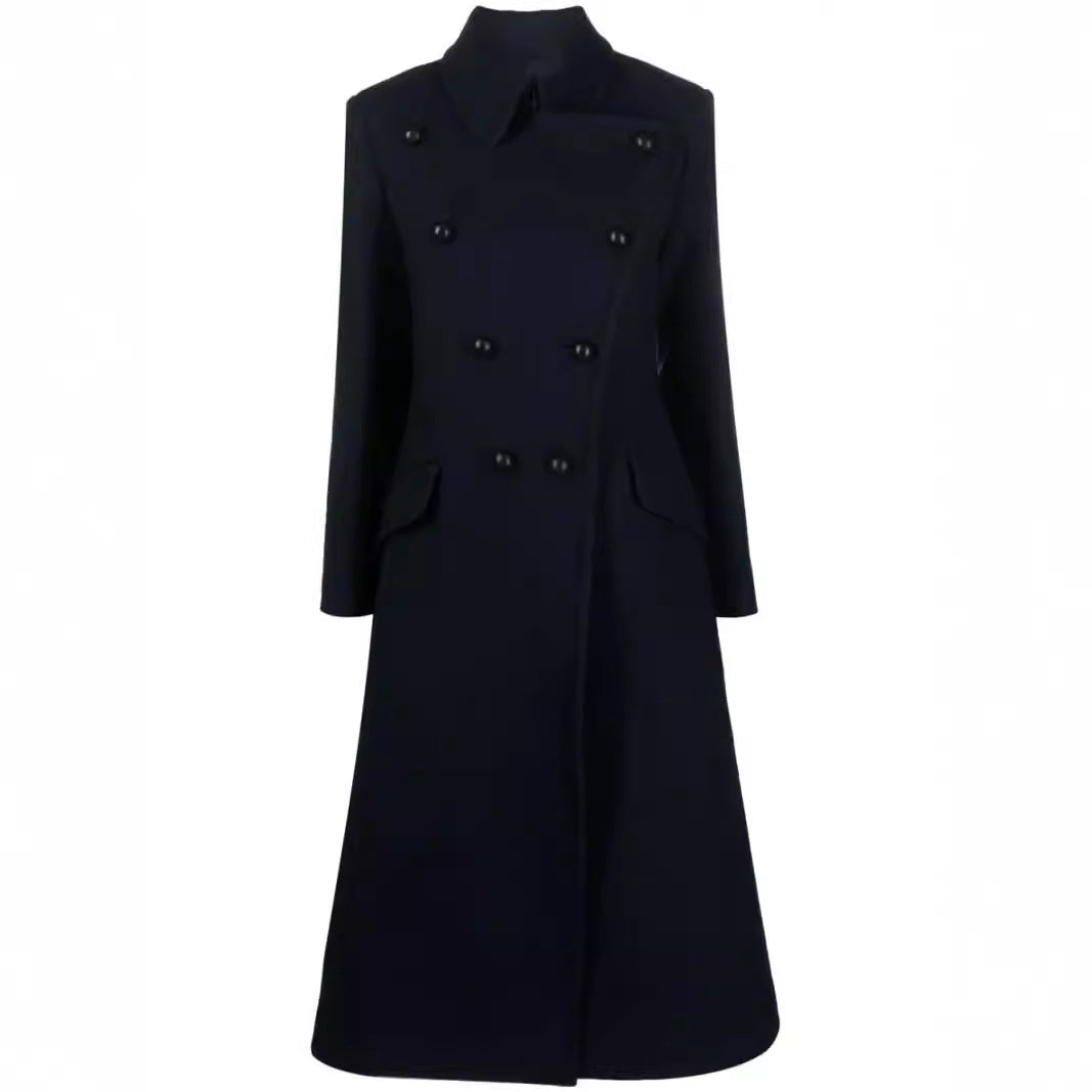 Women Double-breasted A-line Wool Blend Coat with Round Collar and Flap Pockets Mune Fashion