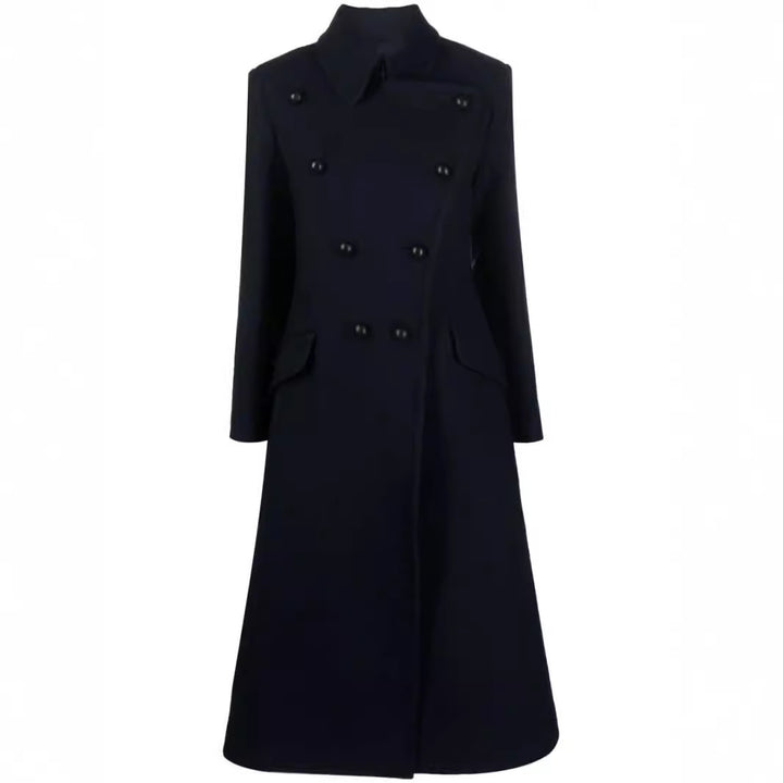 Women Double-breasted A-line Wool Blend Coat with Round Collar and Flap Pockets Mune Fashion