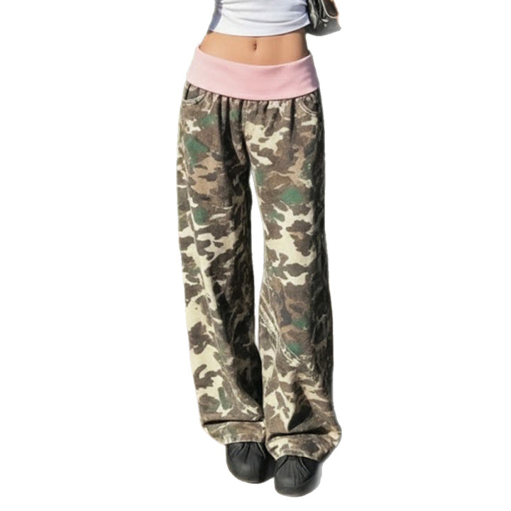Women's wide lounge pants with foldover waistband, camouflage pattern and elastic comfort stretch Mune Fashion