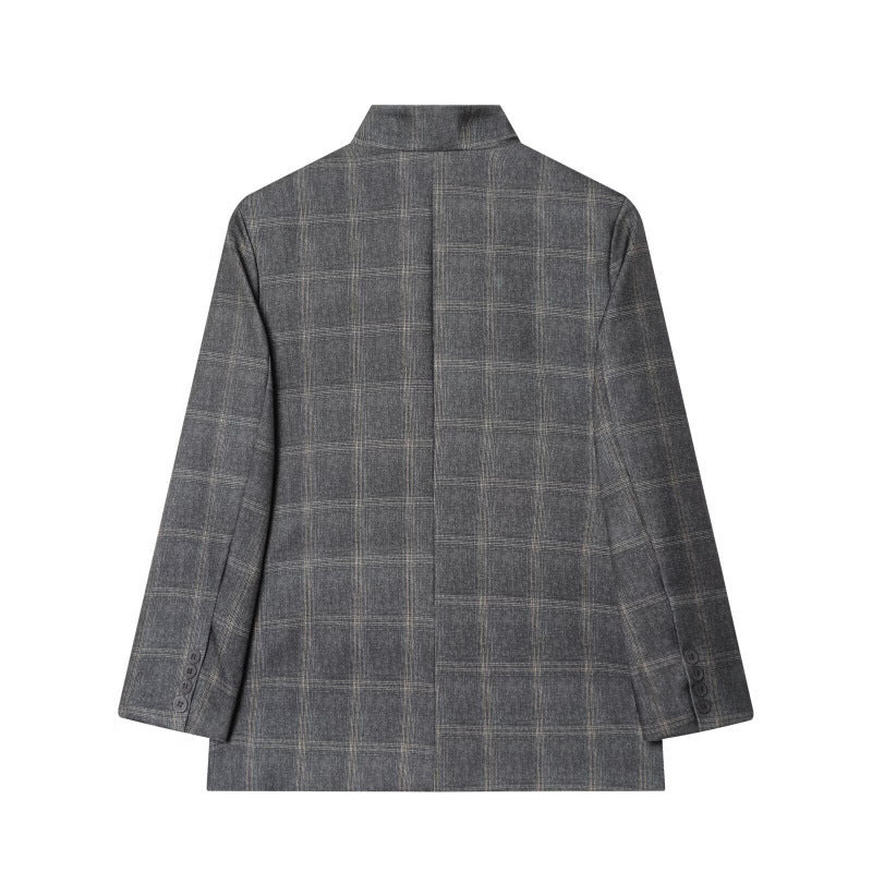 Women's tailored check blazer with stand-up collar, concealed button placket and flap pockets Mune Fashion
