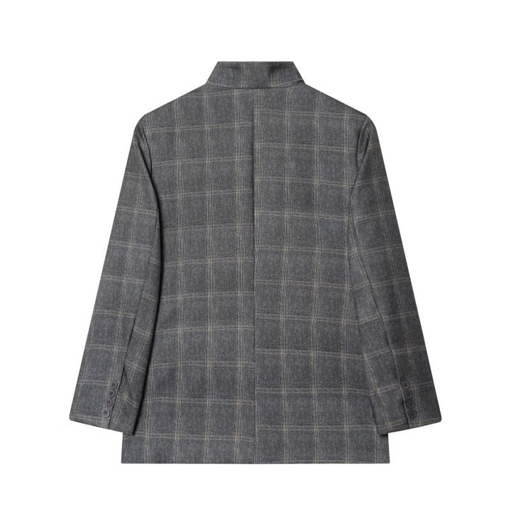 Women's tailored check blazer with stand-up collar, concealed button placket and flap pockets Mune Fashion