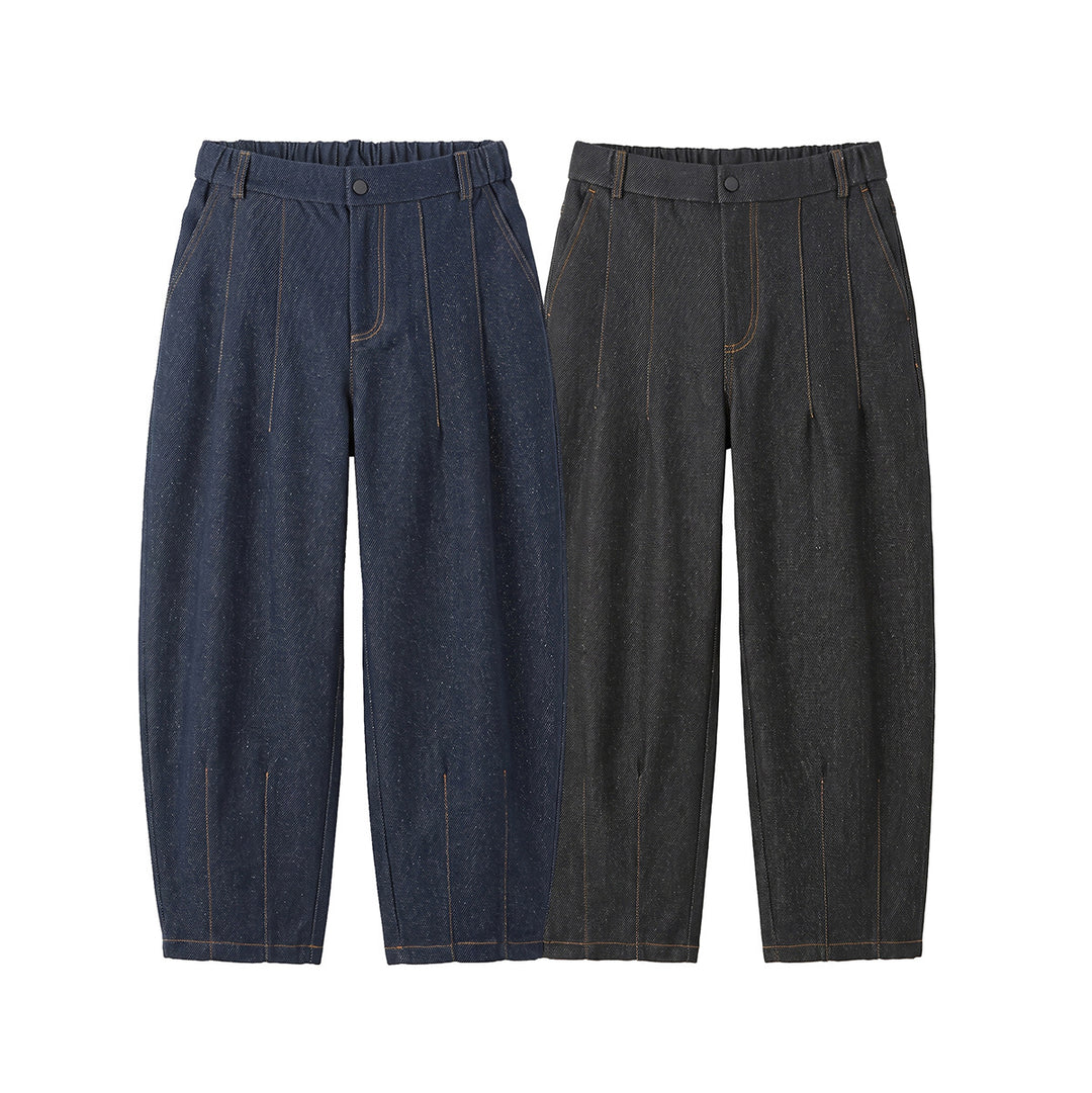 Women High-Waisted Relaxed Jeans with Pleats, Seams, and Elastic Back Waistband Mune Fashion
