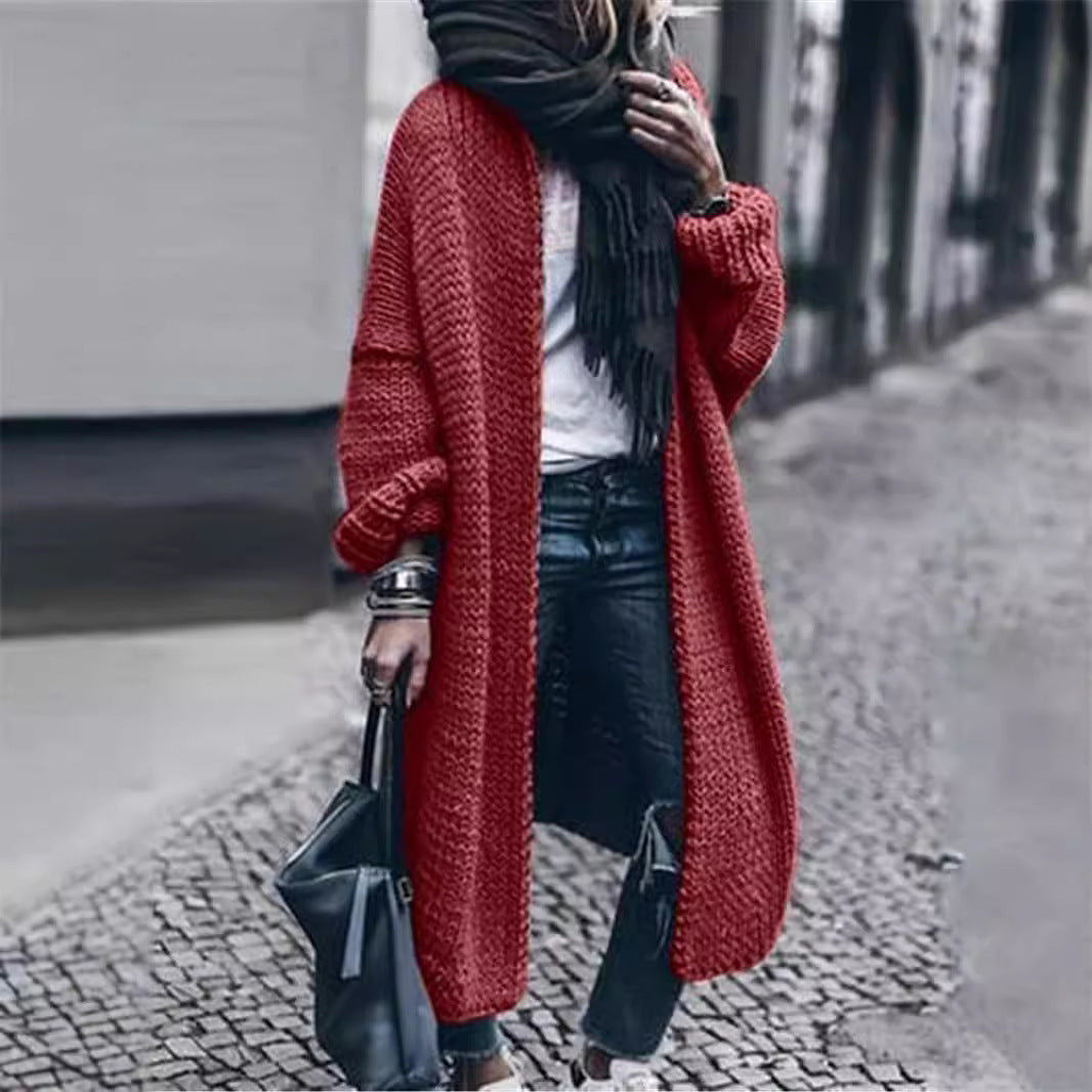 Women's Long Chunky Knit Mantle Cardigan with Drop Shoulder and Open Front Mune Fashion