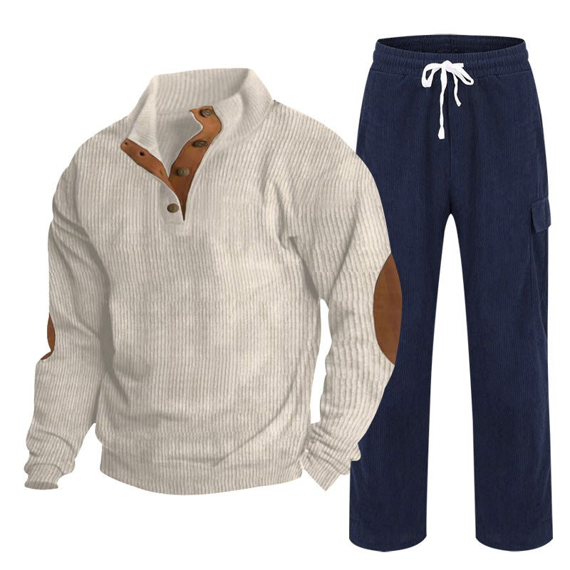 Men's Cozy Leisure Set made of Waffle Knit Henley with Elbow Patch and Relax Cargo Pants Mune Fashion