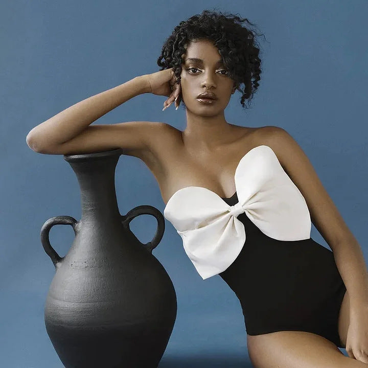 Women's Cut Swimsuit with Voluminous Bow Detail and Elegant Wrap Skirt Mune Fashion
