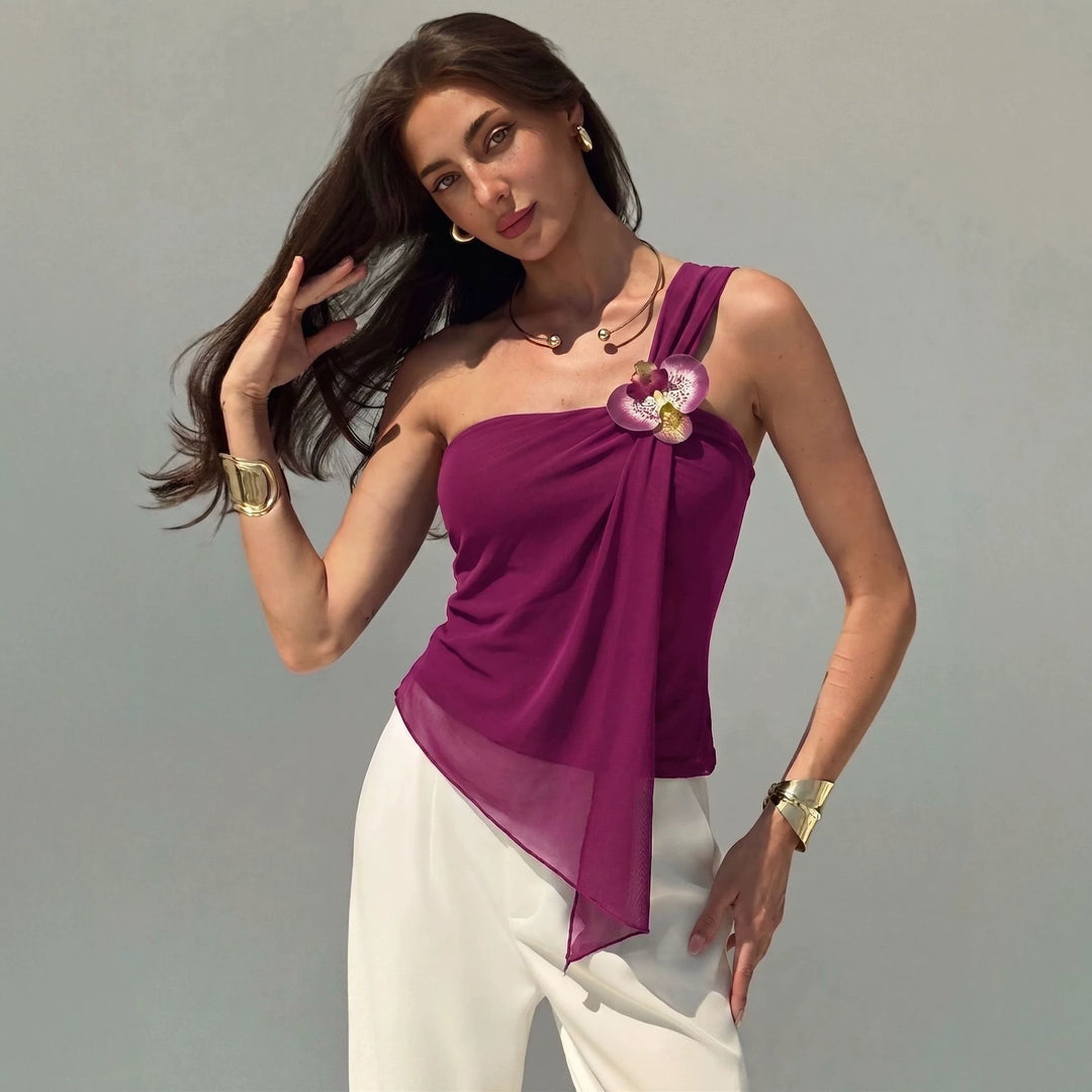 Women’s asymmetrical one-shoulder chiffon top with draping and decorative brooch Mune Fashion
