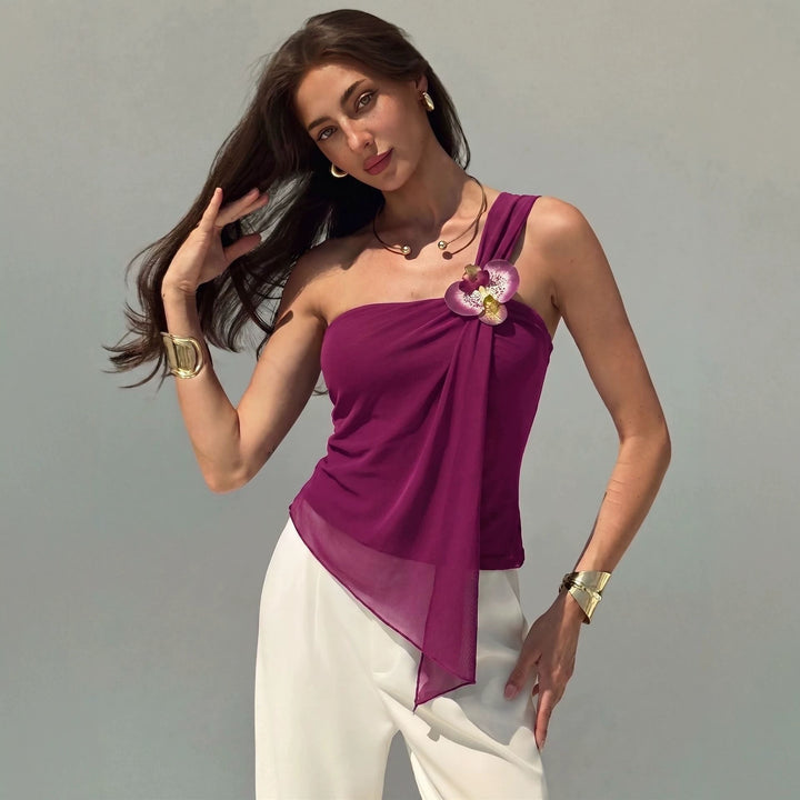 Women’s asymmetrical one-shoulder chiffon top with draping and decorative brooch Mune Fashion