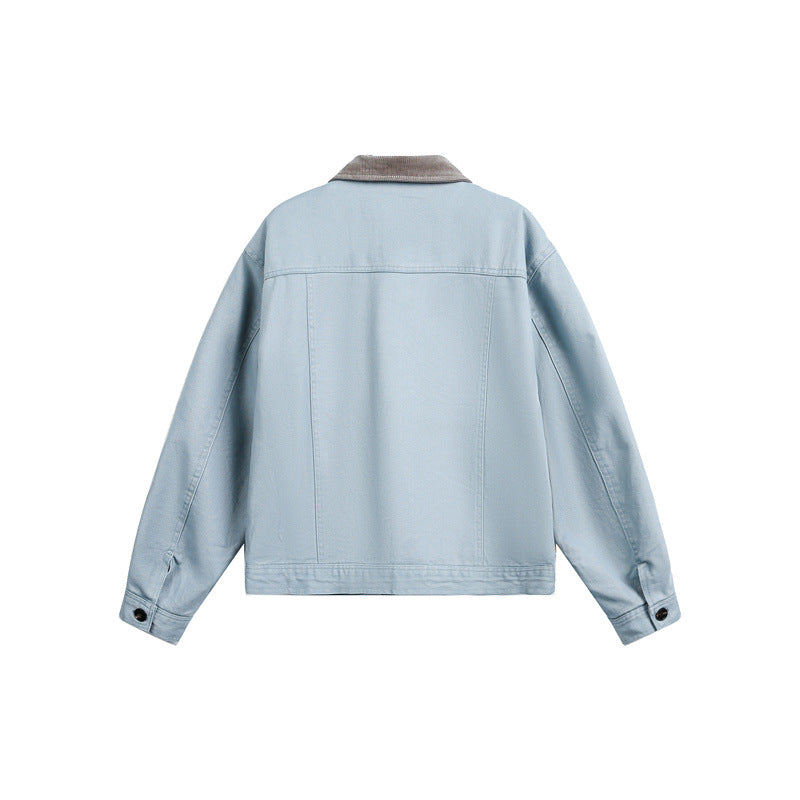 Unisex Short Cut Boxy Denim Jacket with Corduroy Collar and Side Pockets Mune Fashion