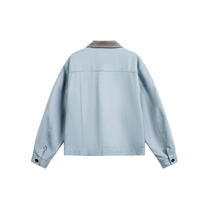 Unisex Short Cut Boxy Denim Jacket with Corduroy Collar and Side Pockets Mune Fashion