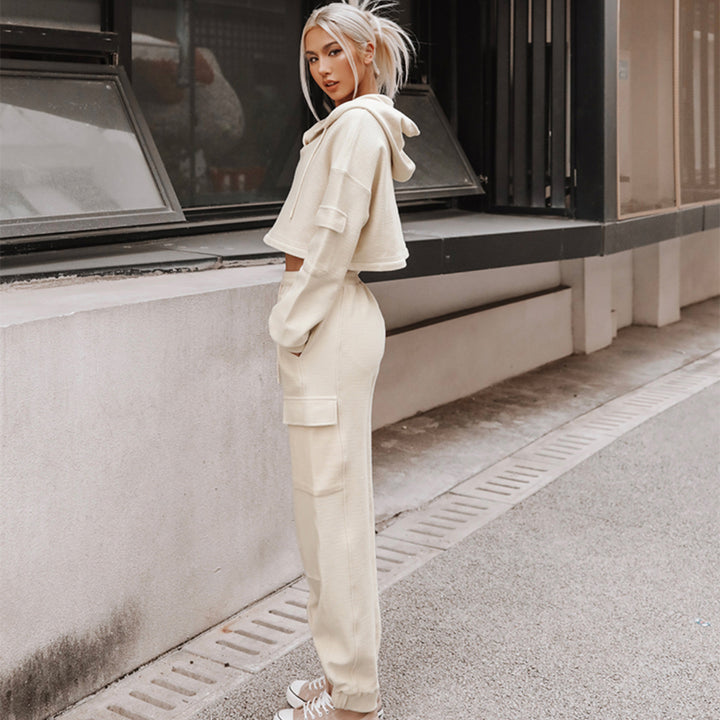 Women's nan Cropped Hoodie with Highwaist Cargo Jogging Pants Set Mune Fashion