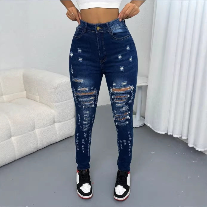 Women High-Waisted Ripped Skinny Jeans with Waist-Shaping Comfort Band Mune Fashion