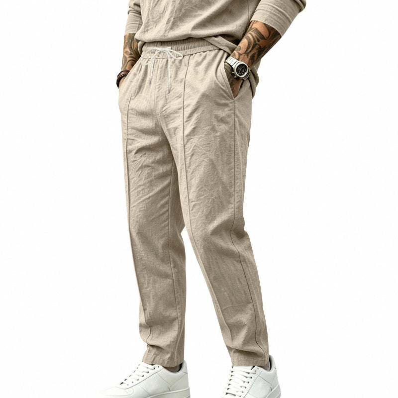 Men's tapered casual chino pants with elastic drawstring waistband, decorative crease and side pockets Mune Fashion