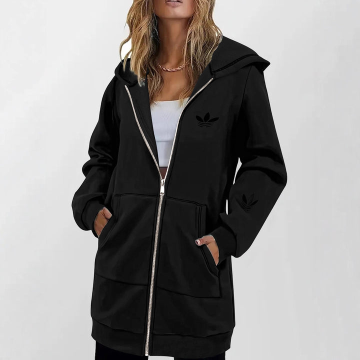 Women's Long Hooded Sweat Jacket with Metal Zipper, Kangaroo Pockets and Figure-Flattering Silhouette Drune