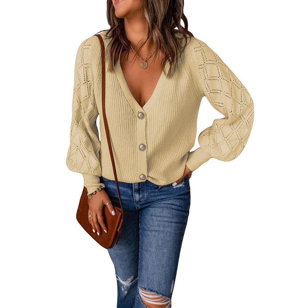 Women's knitted cardigan with V-neck, decorative button placket and balloon sleeves Mune Fashion