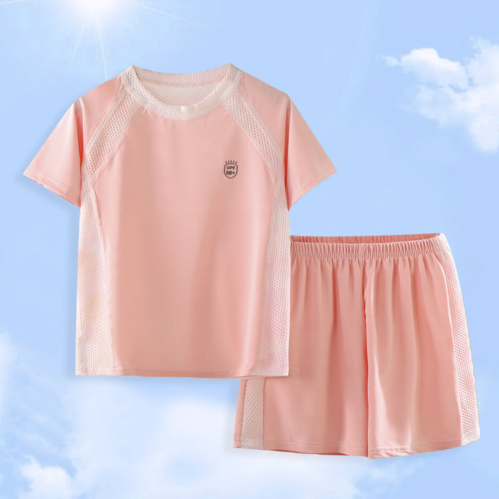 Women's UV protection bath set with short sleeve rash guard and elastic swimming shorts Mune Fashion