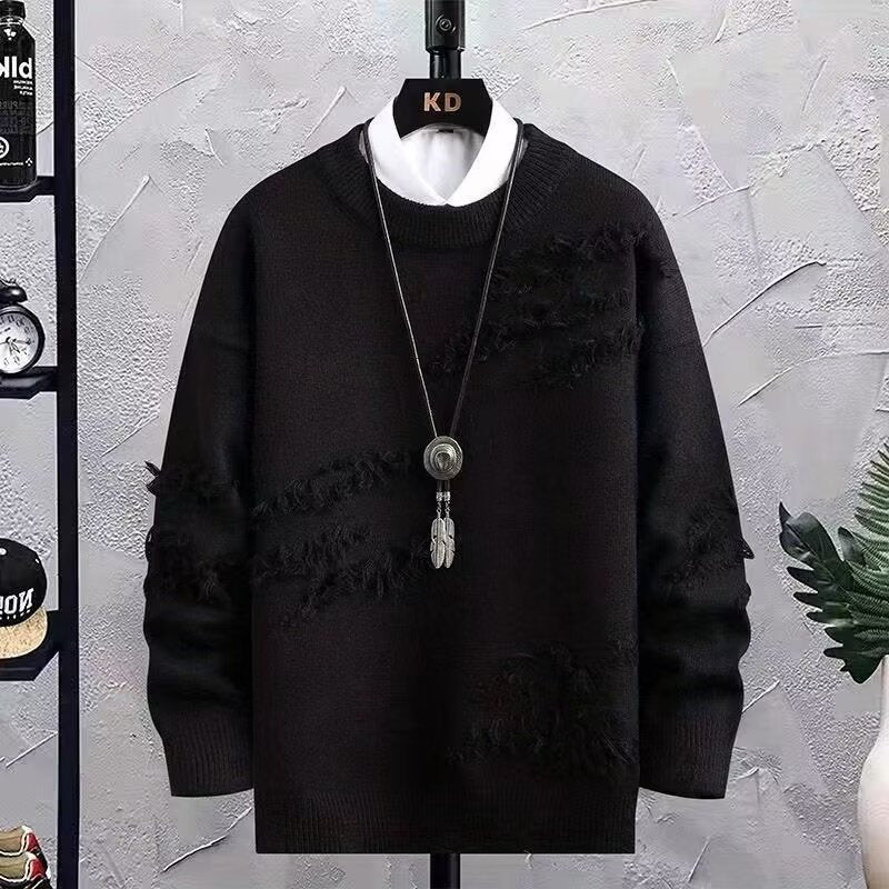 Men's Oversized Knit Sweater with Fringe - Used Details and Round Neck Mune Fashion