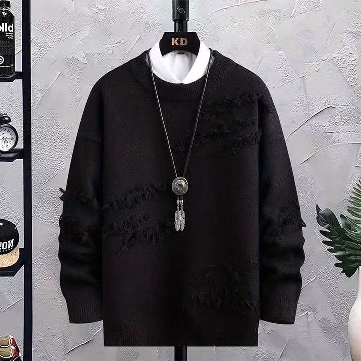 Men's Oversized Knit Sweater with Fringe - Used Details and Round Neck Mune Fashion