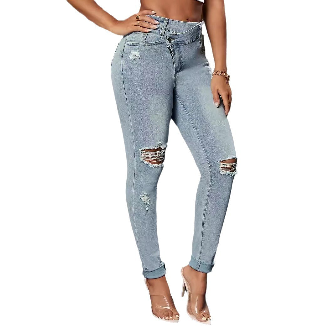 Women's nan Highwaist Ripped Skinny Jeans with Stretch, frayed knee openings and turned-up hem Mune Fashion