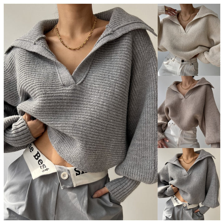 Women's chunky knit pullover with wide collar and V-neck Mune Fashion