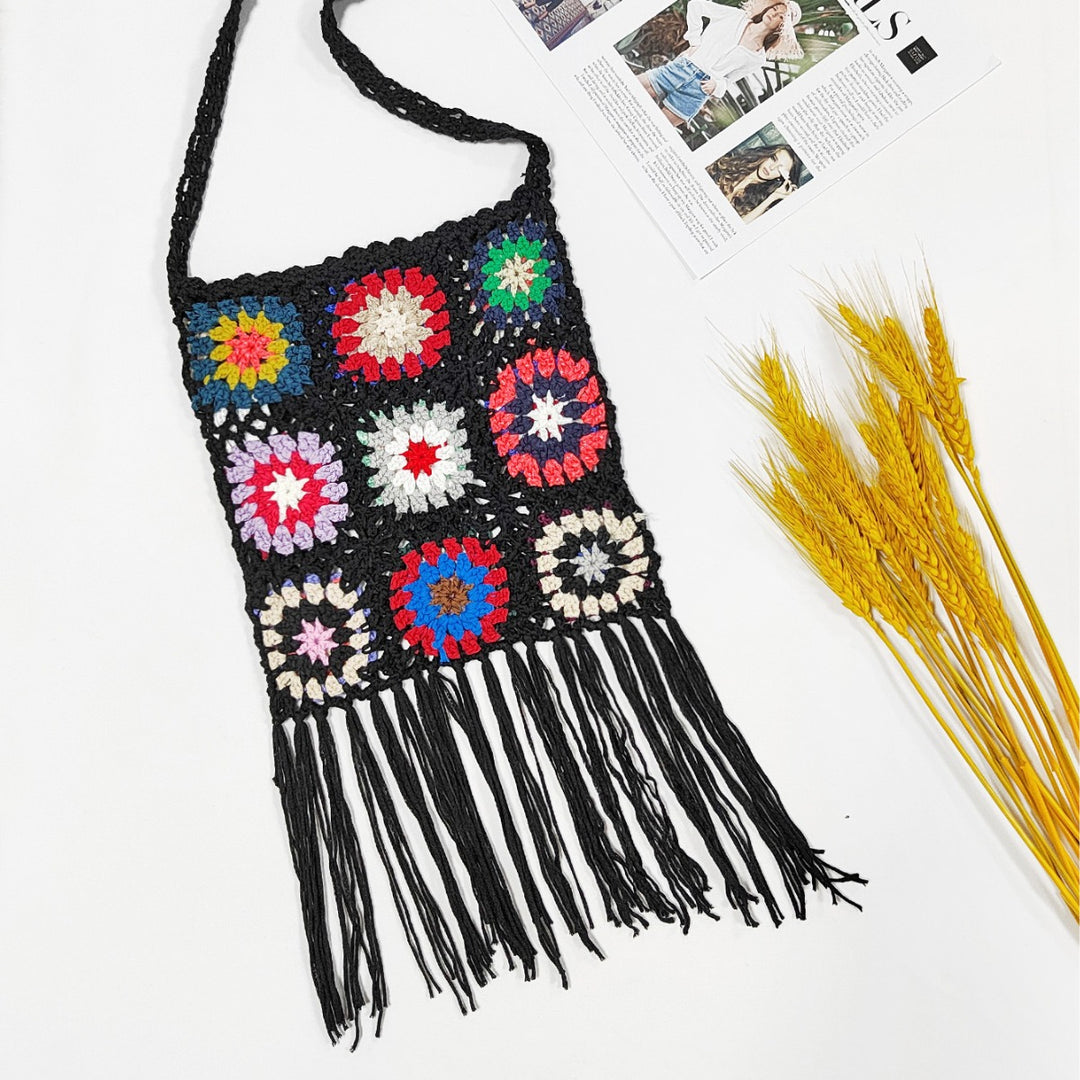 Women crocheted shoulder bag with colorful floral patterns and fringes Mune Fashion