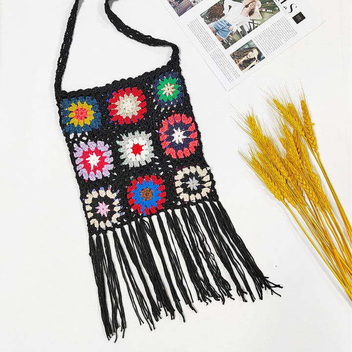 Women crocheted shoulder bag with colorful floral patterns and fringes Mune Fashion