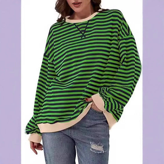 Women Casual Oversized Stripe Sweatshirt with Raglan Sleeves and Contrast Cuffs Drune