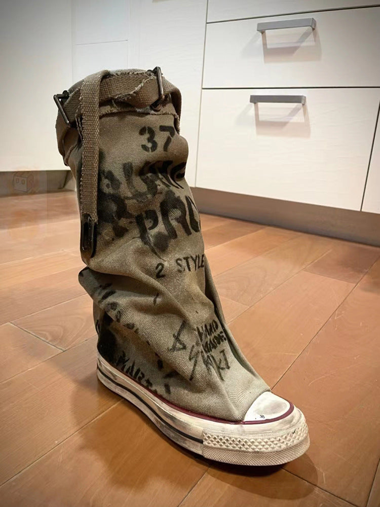 Women Slouchy Canvas High-Top Sneaker Boots with Strap and Graffiti Print Mune Fashion