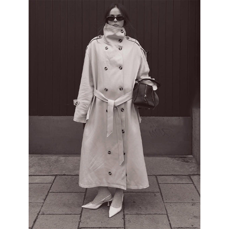 Women's Long Oversized Trench Coat with High Stand Collar, Bell Sleeves and Tie Belt Mune Fashion