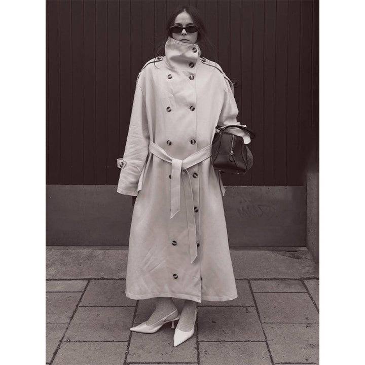 Women's Long Oversized Trench Coat with High Stand Collar, Bell Sleeves and Tie Belt Mune Fashion