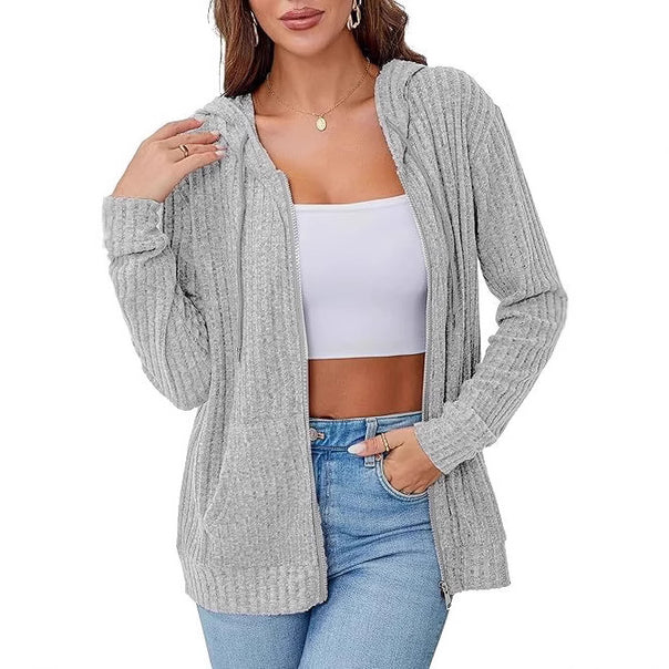 Women's knit hooded jacket with zipper, waffle texture and slip pockets Mune Fashion