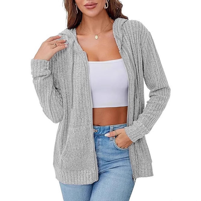 Women's knit hooded jacket with zipper, waffle texture and slip pockets Mune Fashion
