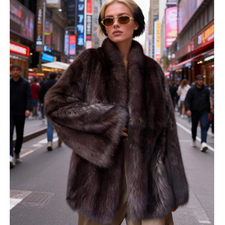 Women's Short Cut Faux Fur Coat with Shawl Collar and Straight Cut Mune Fashion